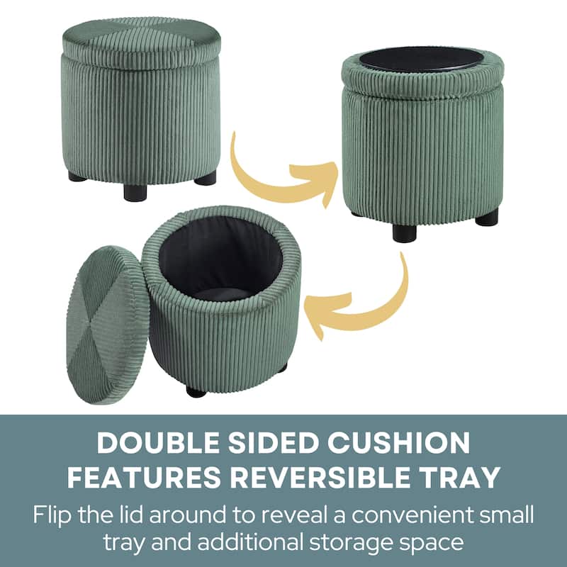 Convenience Concepts Designs4Comfort Round Corduroy Accent Storage Ottoman with Reversible Tray