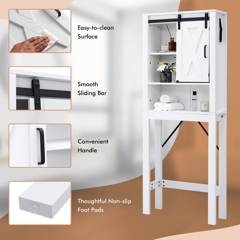 3-Tier White Over Toilet Bathroom Storage Cabinet Freestanding Organizer with Adjustable Shelves and Door - 27"W x 8.5"D x 67"H