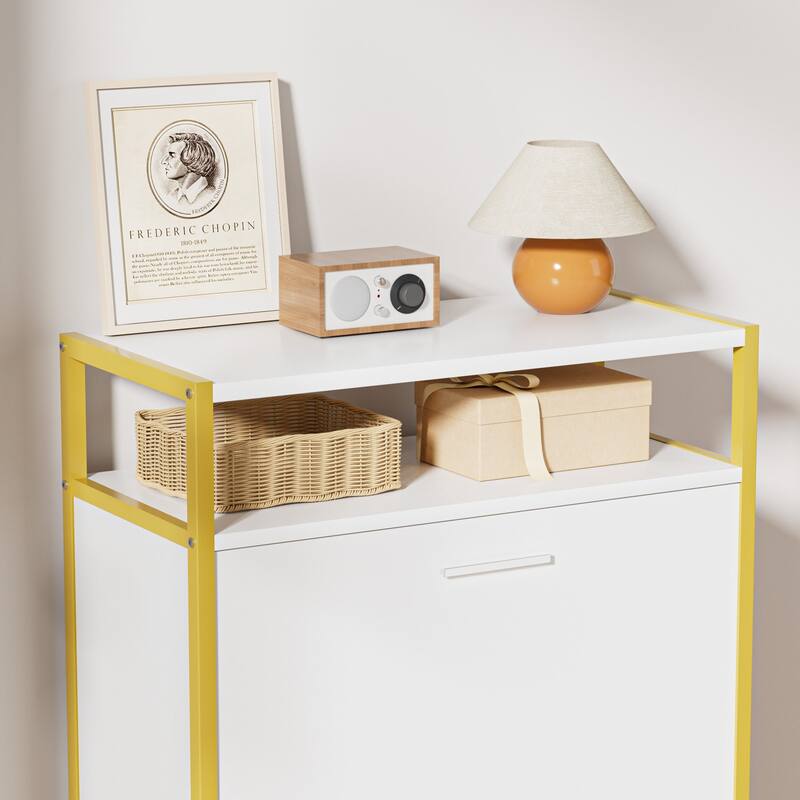 VECELO White and Gold Shoe Storage Cabinet with 2 Flip Drawers & Open Shelf Entryway Organizer for Hallway and Living Room