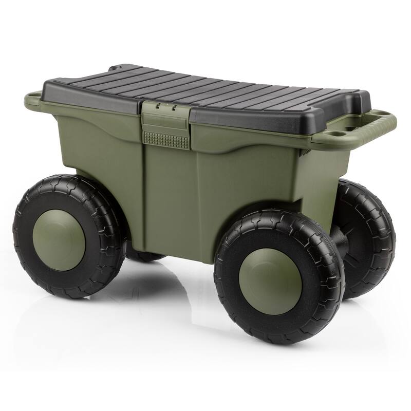 Rolling Garden Cart with Seat - Plastic Storage with Bench and Interior Tool Tray by Pure Garden (Green)