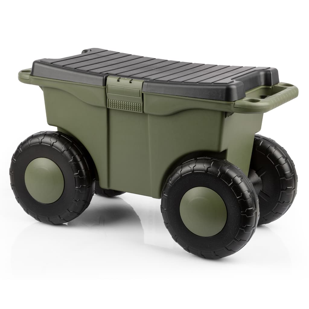 Rolling Garden Cart with Seat - Plastic Storage with Bench and Interior Tool Tray by Pure Garden (Green)