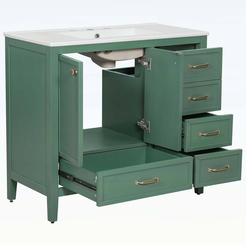 36-Inch Bathroom Vanity with Soft-Closing Drawers,Ceramic Sink,and Wood Frame