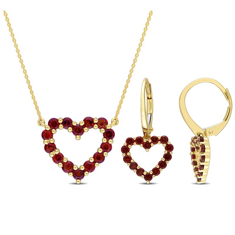 Miadora 2 3/8ct TGW Garnet Open Heart 2-Pc Set Earrings Necklace 10k Yellow Gold