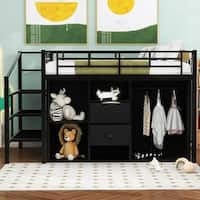 Full Metal Loft Bed w/Drawers,Storage Staircase & Small Wardrobe,Black ...