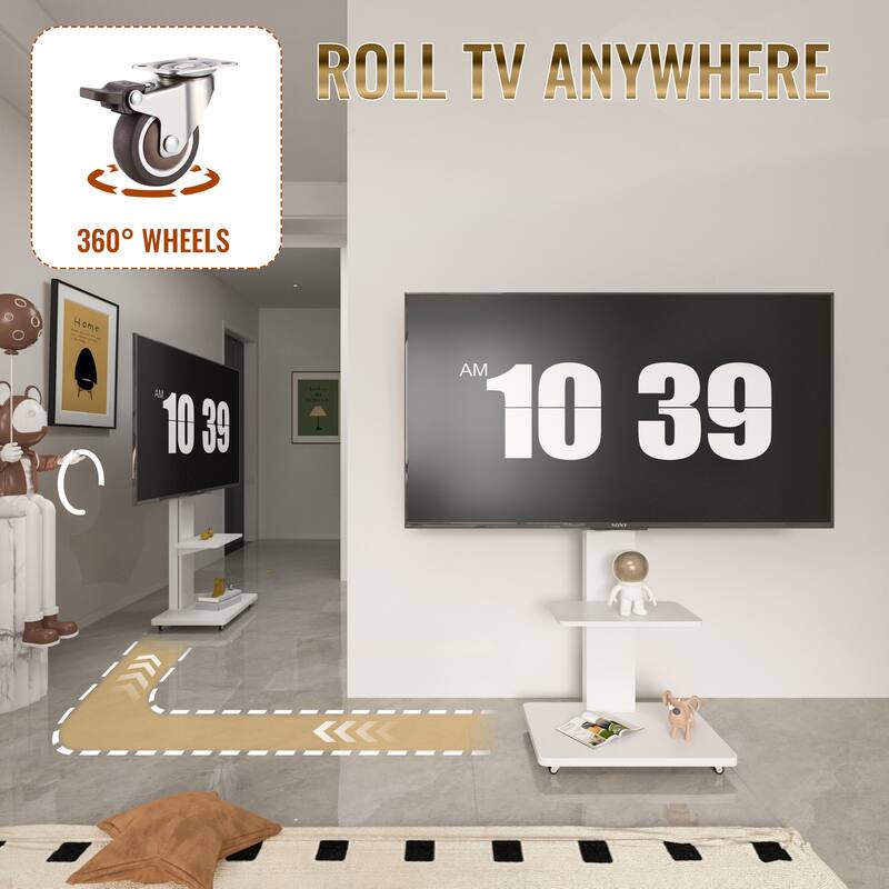 Mobile TV Cart for 32-75 inches,Floor Stand with Mount on Lockable Wheels - White
