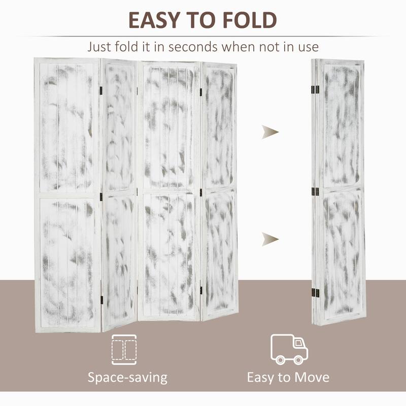 White Paulownia Wood MDF Foldable Room Divider with Rustic Panels - 63.25" W x 67" H x 0.75" D