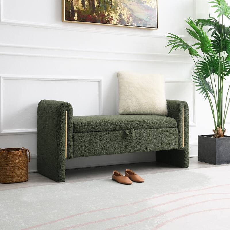 Modern Teddy Bench with Arms and Storage, Upholstered Large Foot Rest Stool, Comfy Window Vanity Bench