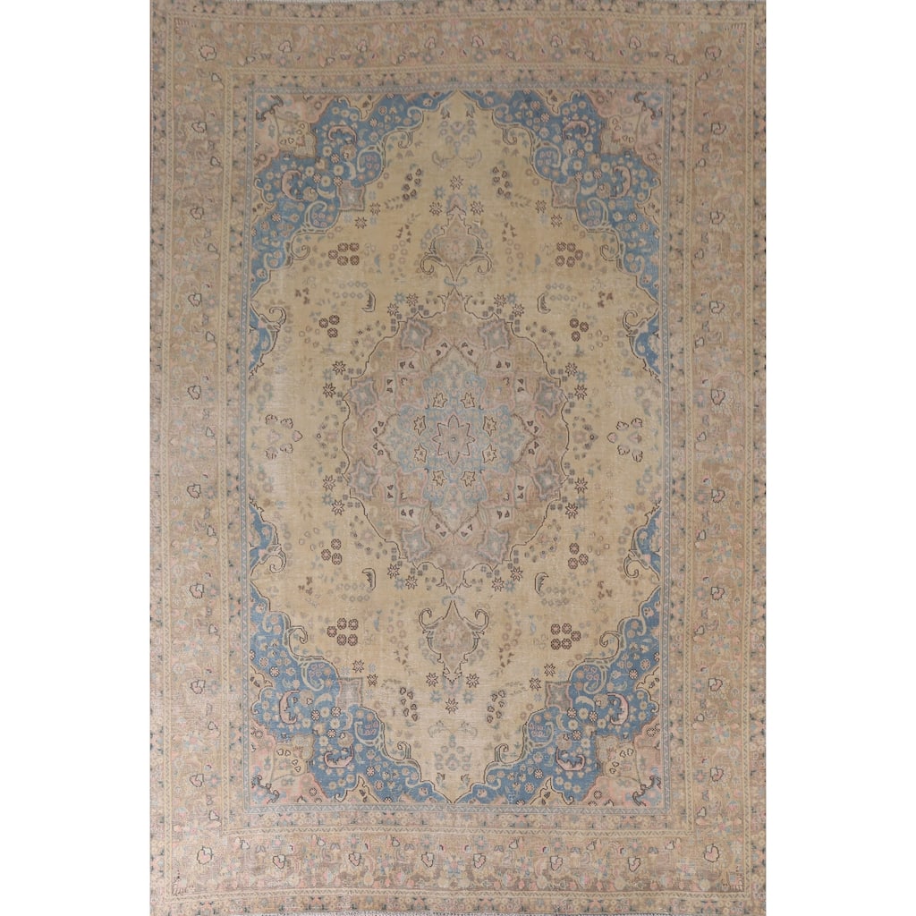 Hand Knotted Oriental 100% Wool Carpet Traditional Floral Yellow & Gold Mashad Area Rug - 11' 11'' X 9' 5''
