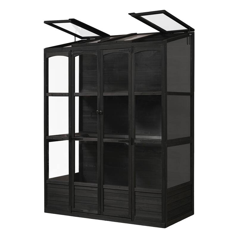 78"H Fir Wood Walk-in Greenhouse with 4 Skylights & 2 Folding Shelves