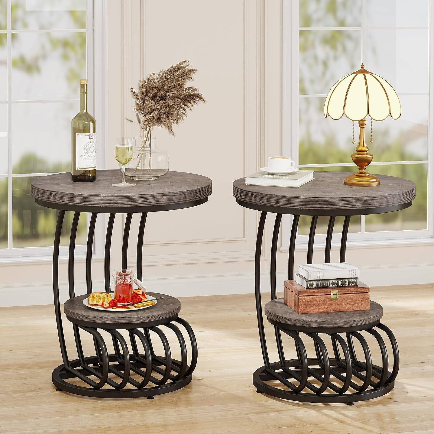 Round End Table Set of 2, 2-Tier Side Tables with Storage