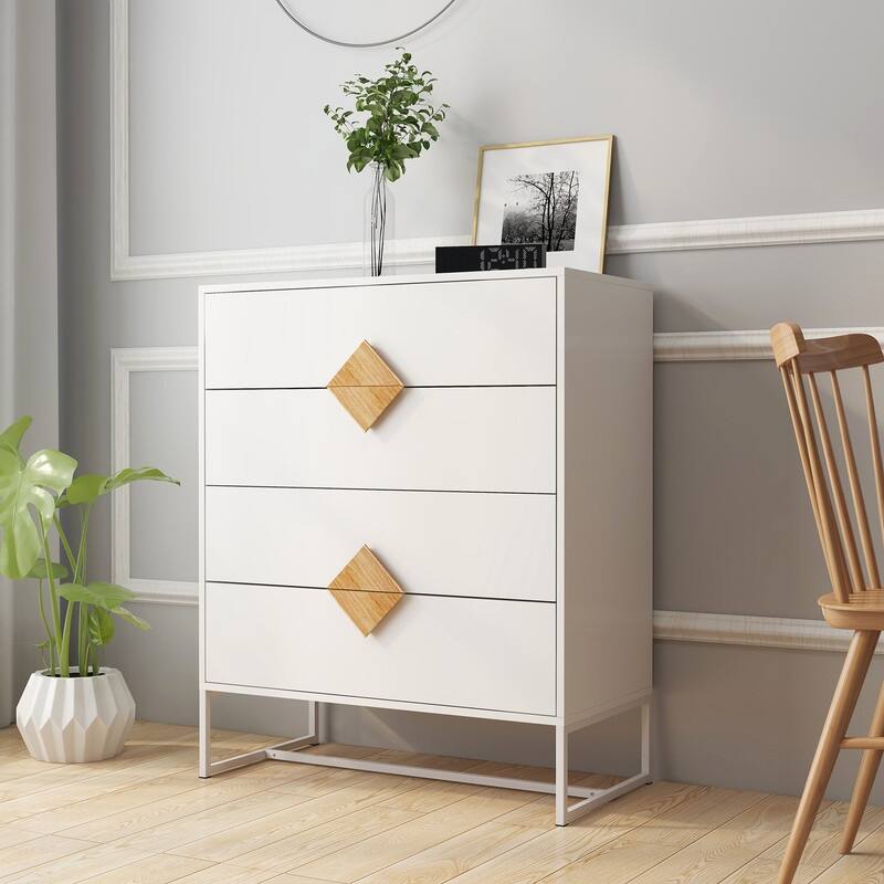 White Solid Wood 4-Drawer Chest Storage Cabinet with Square Handles
