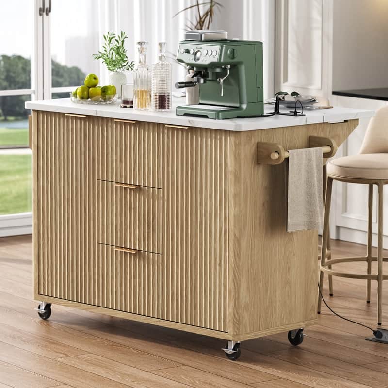 55.5" Fluted Kitchen Island with Drop Leaf and Storage Features Power Outlet and Adjustable Shelves