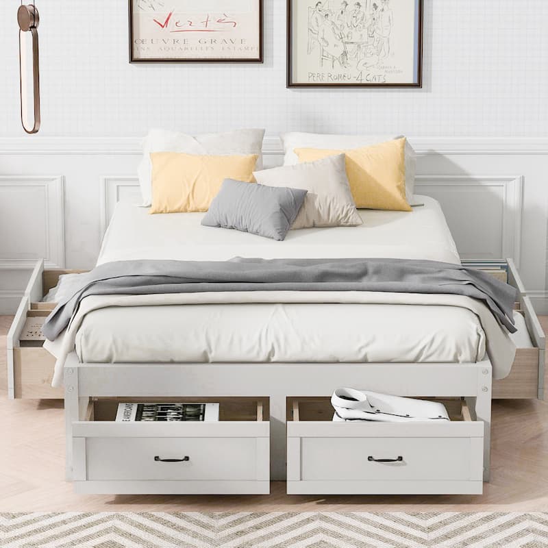 Queen Size Platform Bed Frame with 6 Built-In Storage Drawers, No Headboard, Low Profile Design in Antique