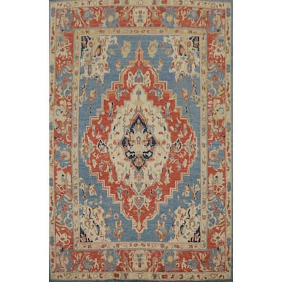 Hand Knotted Oriental 100% Wool Carpet Traditional Medallion Navy Blue & Blues Heriz (serapi) Area Rug - 11' 11'' X 9' 3''