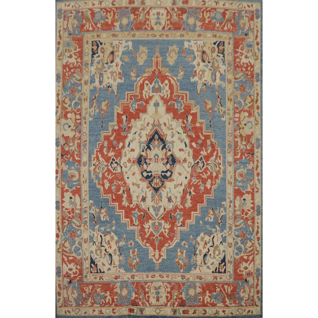 Hand Knotted Oriental 100% Wool Carpet Traditional Medallion Navy Blue & Blues Heriz (serapi) Area Rug - 11' 11'' X 9' 3''