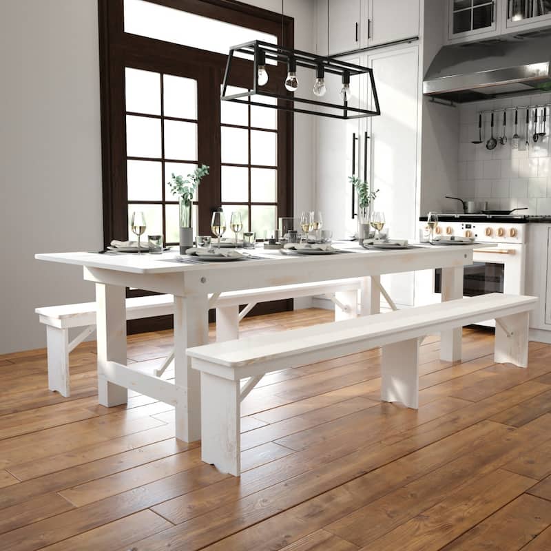 Rustic Farm Solid Pine Folding Dining Table - 108"D x 40"W x 30"H - Antique Rustic White