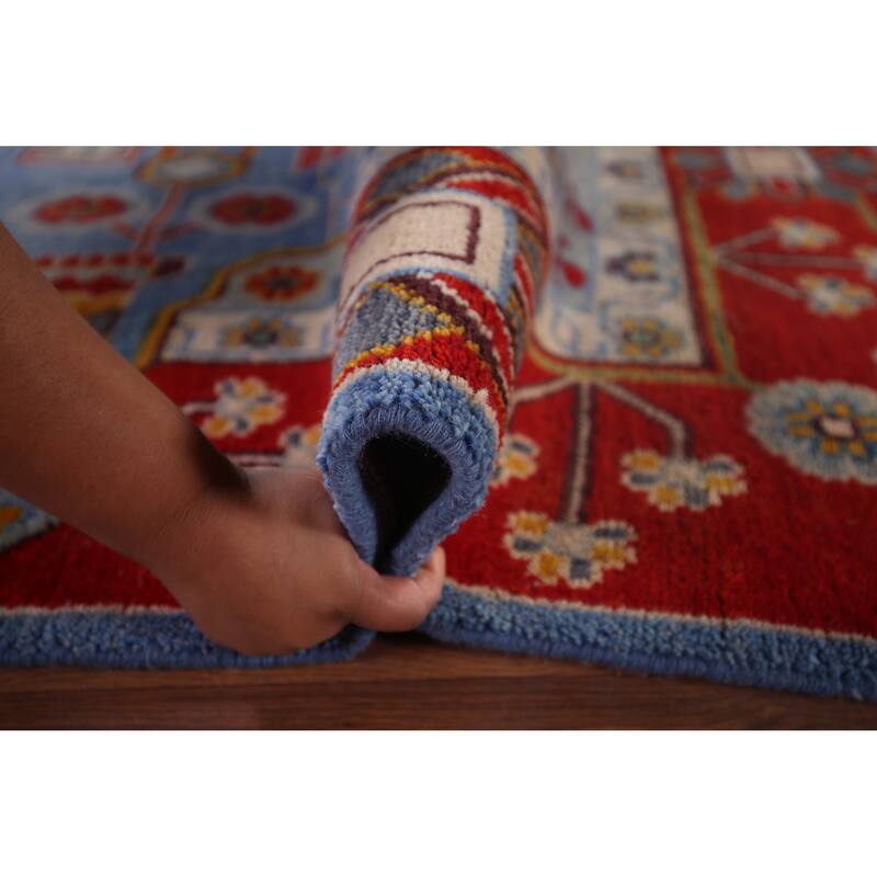 Blue Geometric Kazak Oriental Area Rug Hand-Knotted Wool Carpet - 7'11"x 10'0"