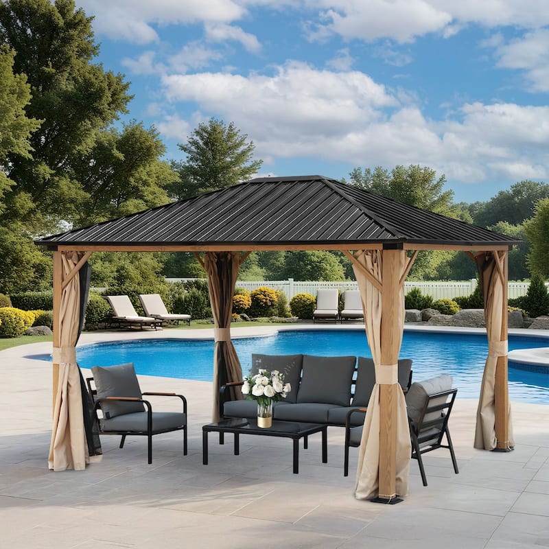 Aoodor 10 x 12 ft. Outdoor Hardtop Gazebo with Curtains and Mosquito Nettings for Patio, Garden, Backyard - 10'x12'