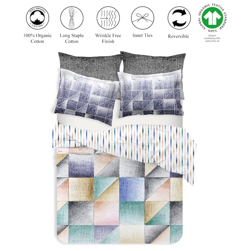 Delara GOTS Certified 100% Organic Cotton Geometric Reversible Print Duvet Cover and Sham Set of 2, Blue/Teal