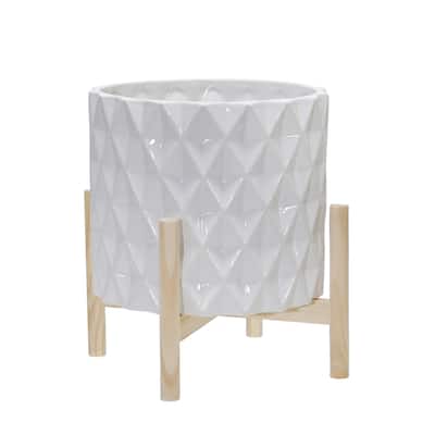 Handmade White Diamond Pattern Ceramic Planter with Wood Stand