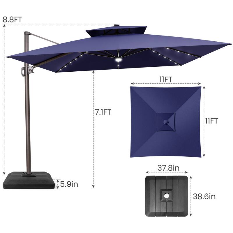 11FT Patio Cantilever Umbrella LED Lights Double Top Umbrella with 4-Piece Fillable Weighted Base