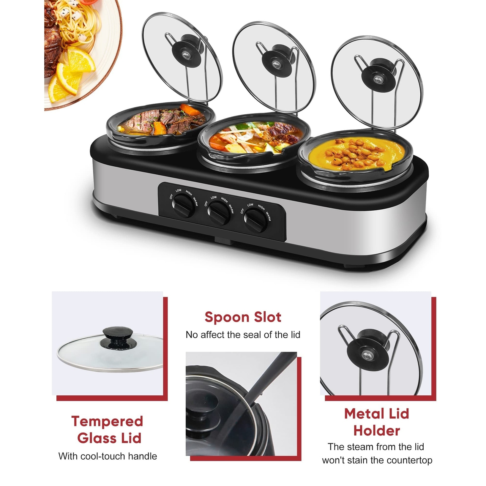 Triple Slow Cooker with Lid Rests, Breakfast Buffet Servers and Warmers  with 3 X 1.5Qt, Lids & Adjustable Temp, Dishwasher Safe - Bed Bath & Beyond  - 39589152