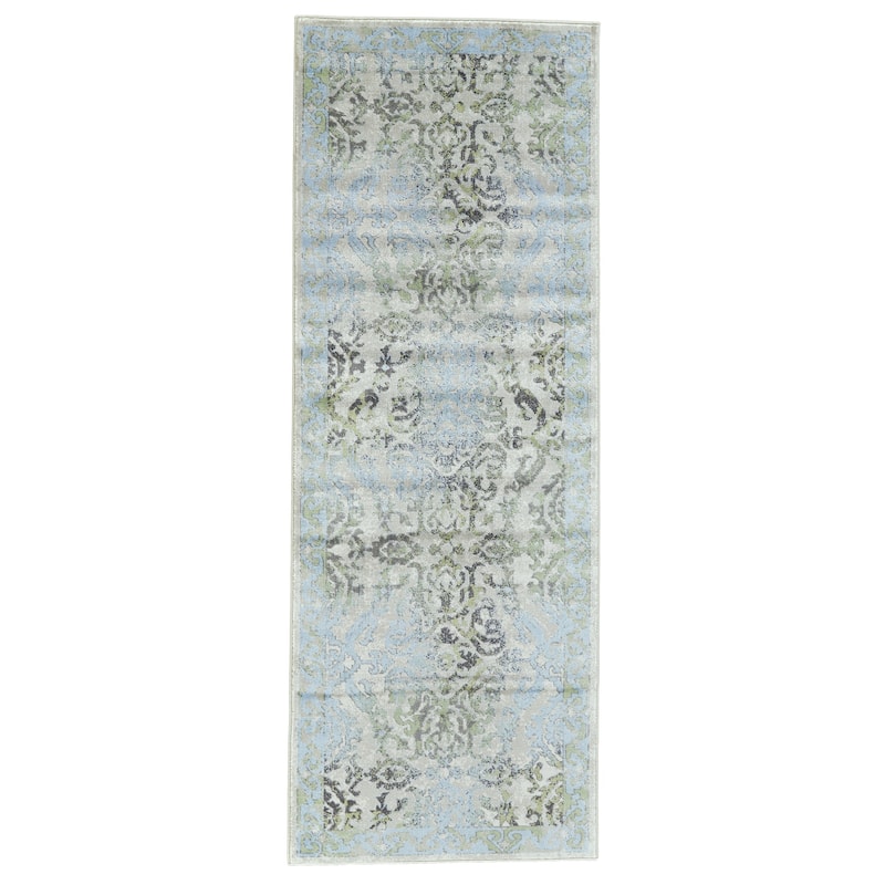 Alessandria Damask Print Rug, Turquoise Blue/Mint, Area Rug - 2'-10" x 7'-10" - Cool Gray/Pastel Turquoise/Mint Green