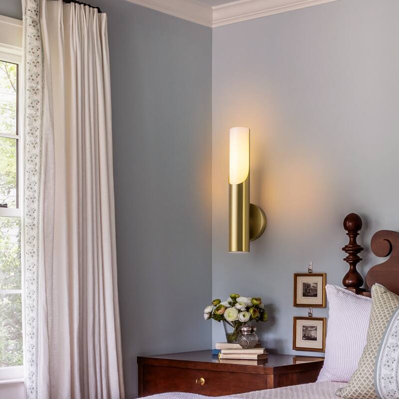 Modern 1-Light Brass Wall Sconce with Opal Glass Shade - 4.7" W x 4.3" D x 15" H