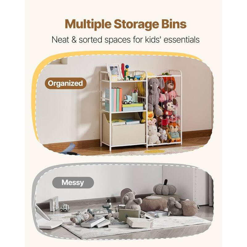White Kids Toy Organizer with 4 Compartments and Metal Basket Top Shelf and Anti-Tip Design - 33.31 x 11.81 x 32.28 in