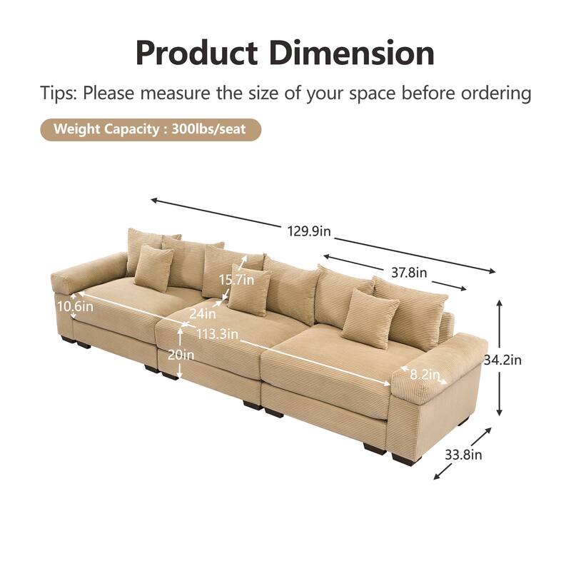 Rossetta 3-Seater Modern 130" Premium Corduroy Modular Deep Seating Sectional Couch, Easy Assembly