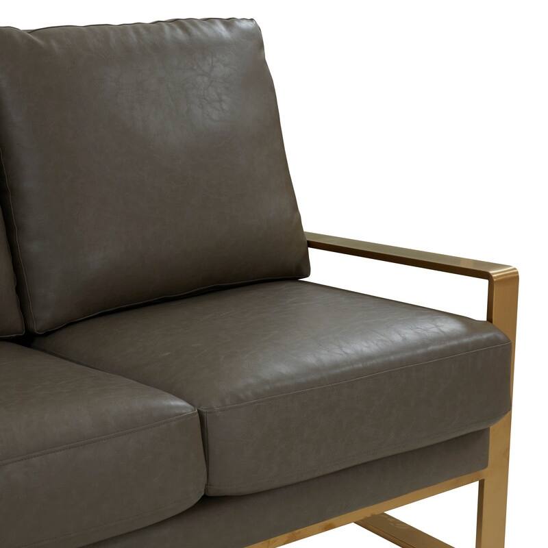 Jefferson Modern Leather Upholstered 3 Seater Loveseat Sofa Chair in Brushed Gold Steel Base with Armrest Removable Cushion