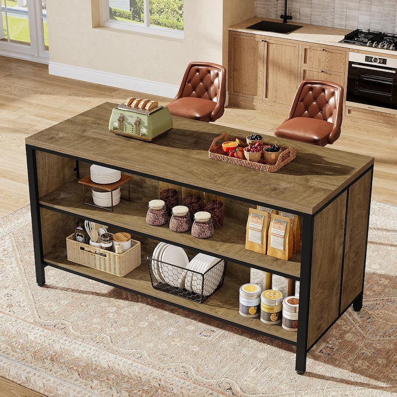 62.99" Kitchen Island with Storage and Seating - Farmhouse Stationary Island Table - 62.99" W x 23.62" D x 35.43" H