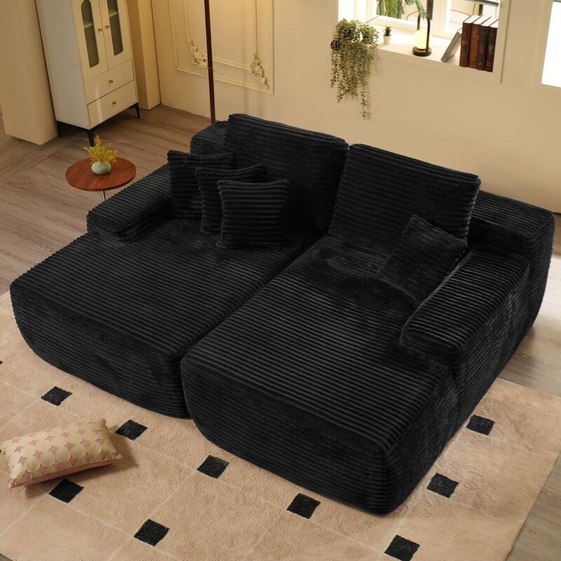 80'' Oversized Double Lounge Chaise, Cloud Plush Sofa Bed, Corduroy Sleeper Loveseat Chair, Black - Multi-Color