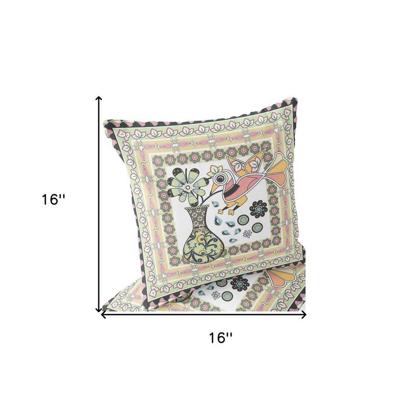 HomeRoots Set of Two 16" X 16" Green and White Peacock Blown Seam Floral Indoor Outdoor Throw Pillow - 16.00' X '16.00' X '5.00