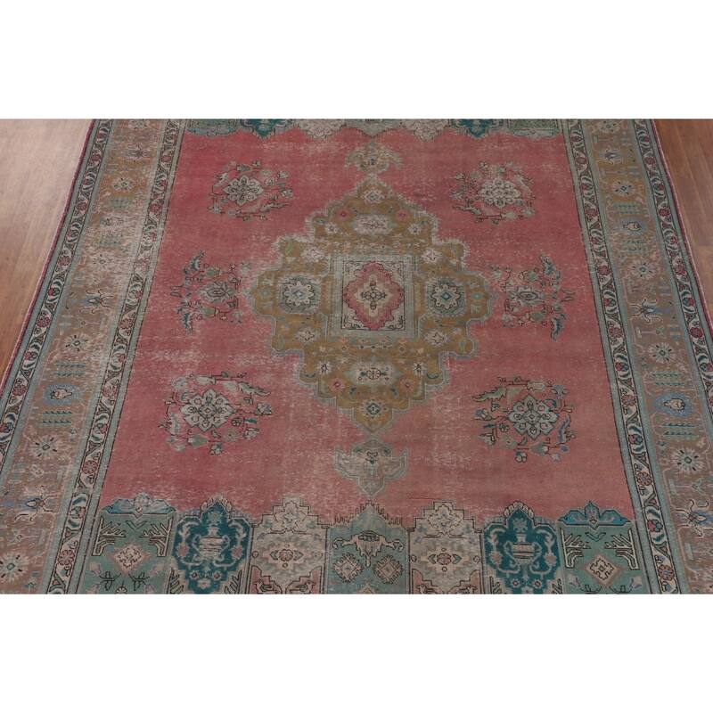 Pink Distressed Tabriz Persian Antique Rug Hand-Knotted Wool Carpet - 9'6" x 12'8"