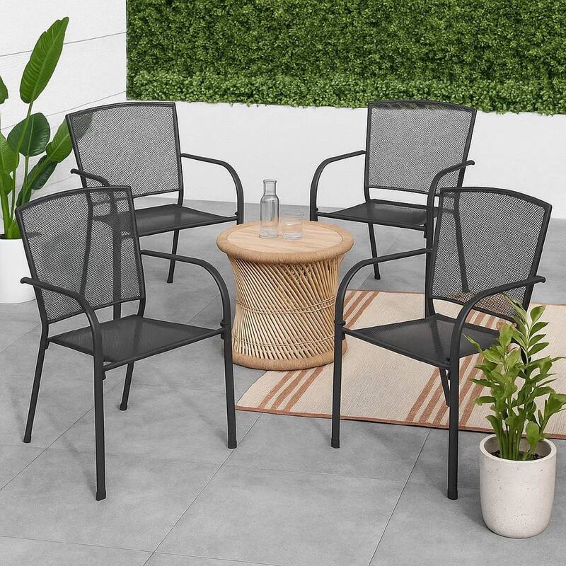 Outdoor Dining ArmSet of 4, Dark Gray Steel Frame, Mesh Design