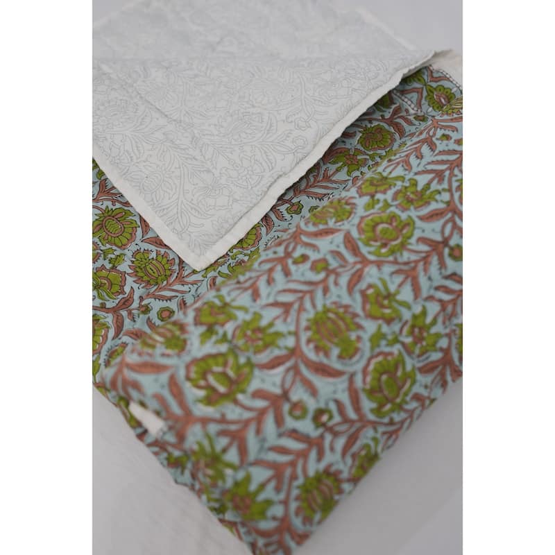 Fabdivine Hand Block Print Eco-Friendly Cotton Quilt Jaipuri Jaal Green Brown, Decorative Cotton Bedspread for Home & Bedroom