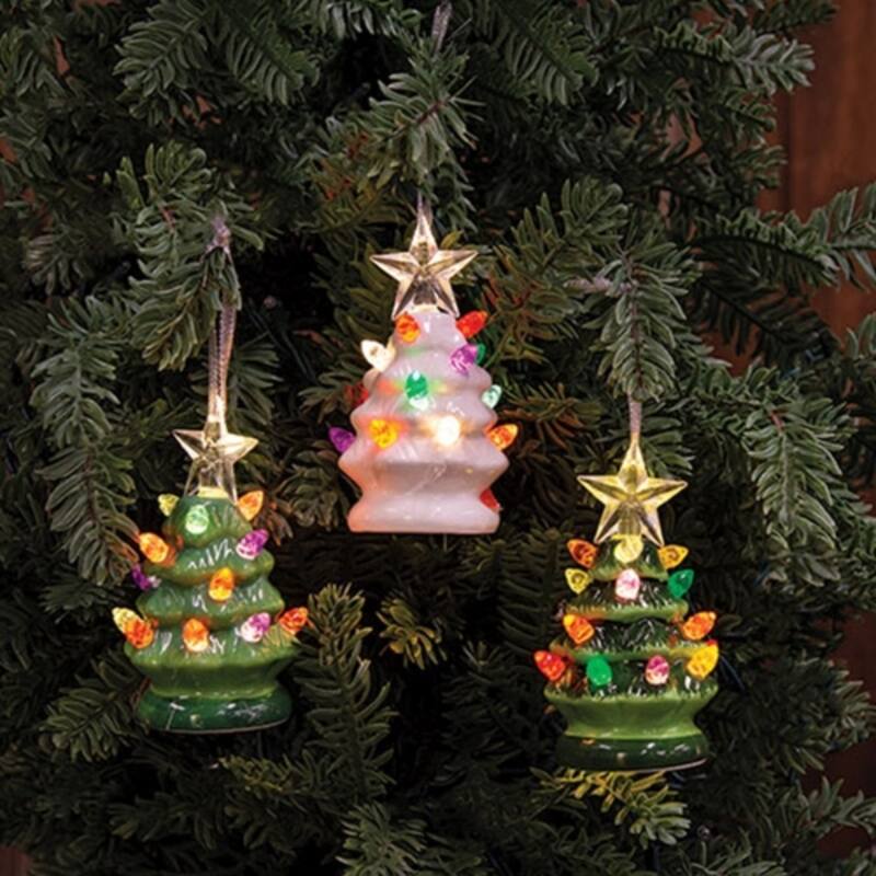 White-Green Ceramic Lighted Christmas Tree Ornaments with Silver Ribbon, 3 Asstd. - 4.5" H x 2" diameter