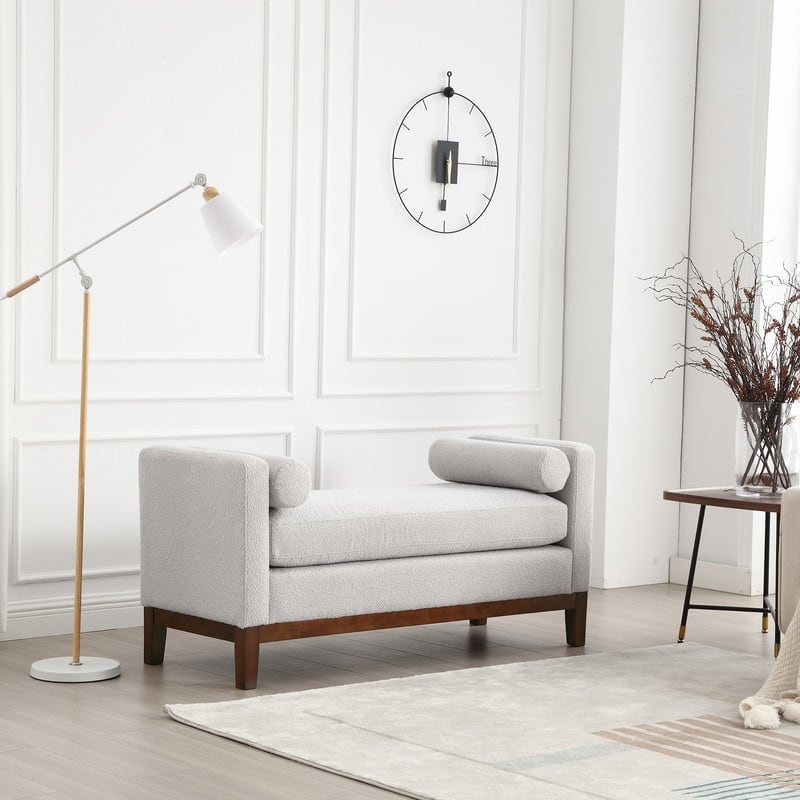 Upholstered Entryway Bench with Solid Wood Legs & Bolster Pillows