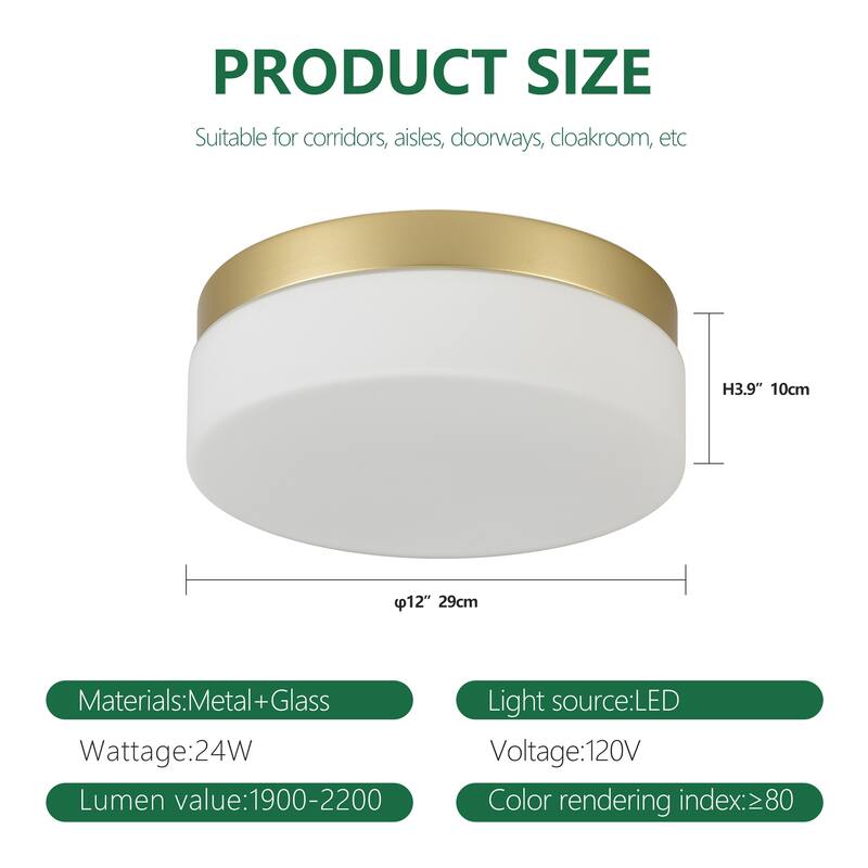 LED Flush Mount Ceiling Light Fixture, Modern Ceiling Lamp 24W 12 Inch Closet Round Surface for Bathroom Laundry Bedroom