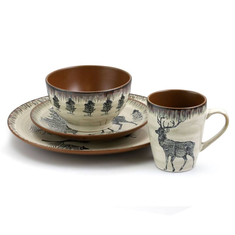 Elama Moose Lodge16 Piece Round Stoneware Dinnerware Set in Taupe