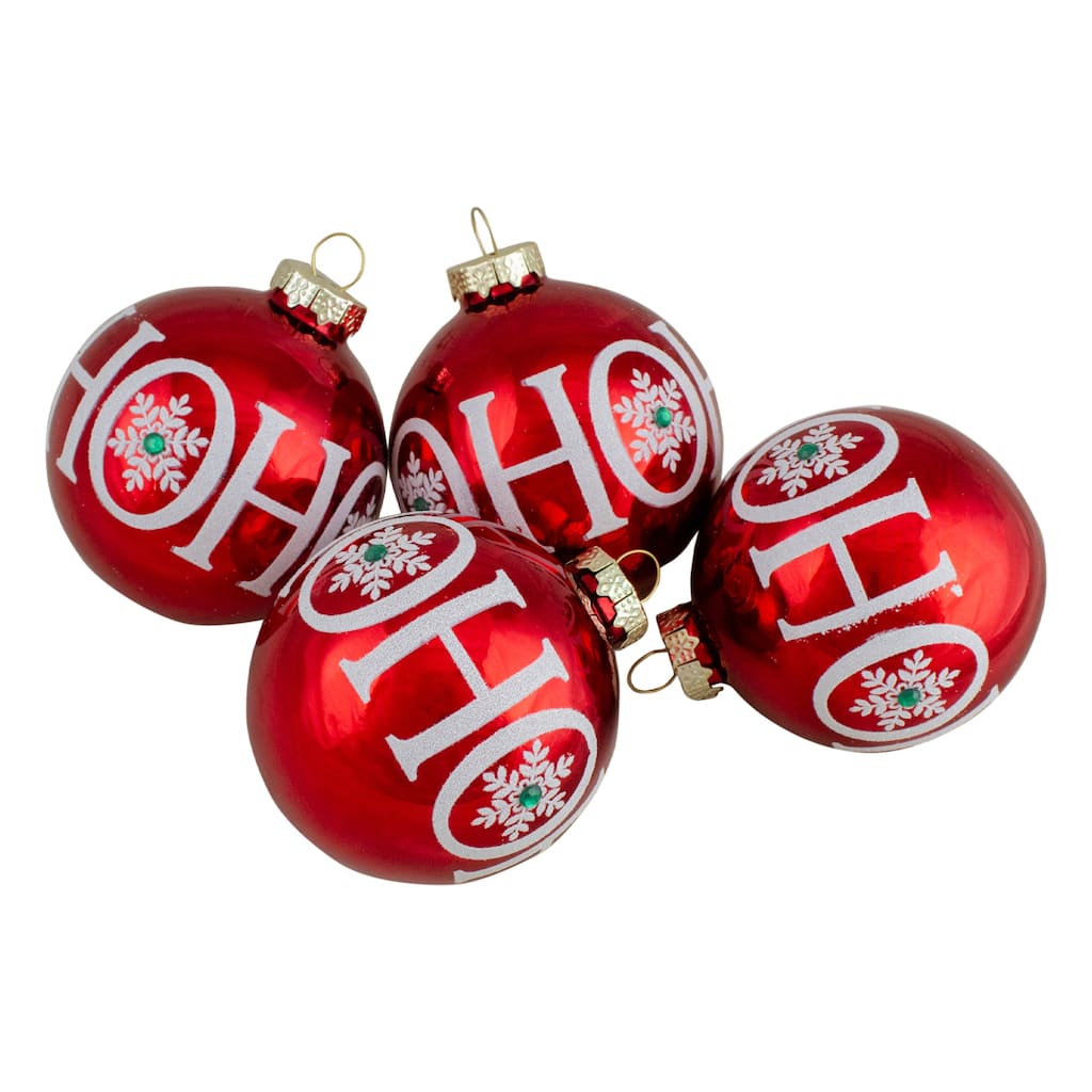 Set of 4 Red Ho Ho Ho Glass Ball Christmas Ornaments 3.25-Inch (80mm) - 3.25"