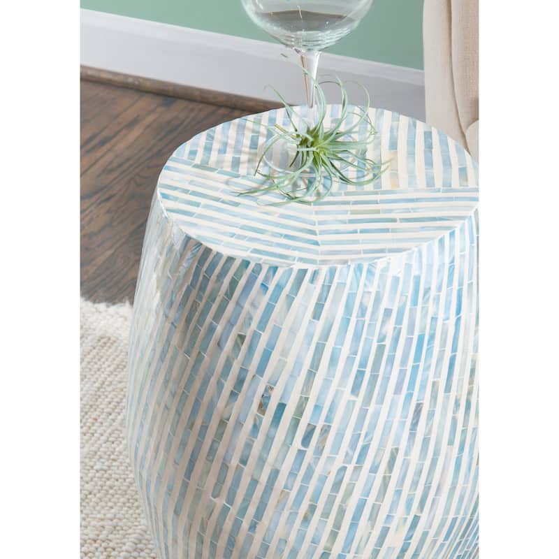 Capiz Mosaic Drum Side Table - 19.75" - Blue and White
