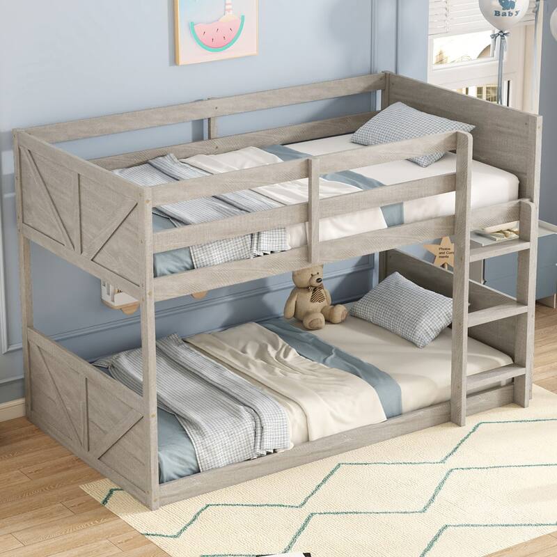 Roomfitters Twin over Twin Floor Bunk Bed with Panel Headboard and Footboard, Solid Rubber Wood Frame, Ladder