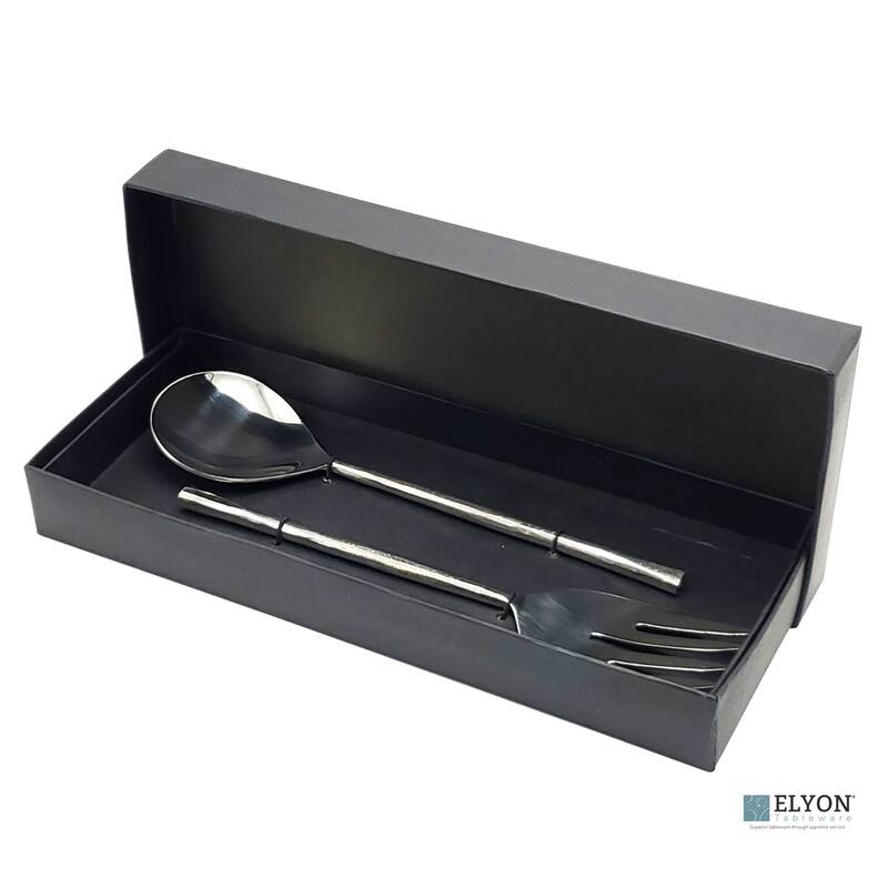 Elyon Sardar Reflective Silver Salad Serving Set Indian Artisan-Made Hostess Set Hand-Forged Stainless Steel 2 Pieces