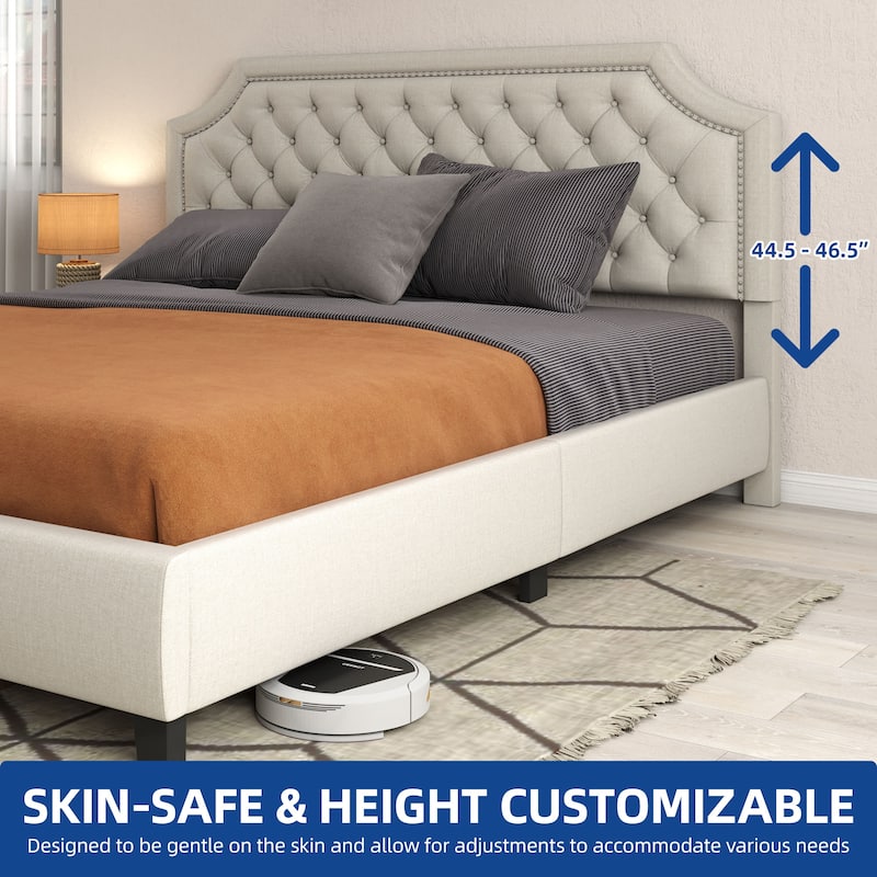 Moasis Linen Upholstered Platform Bed Velvet Bed Frame with Adjustable Headboard