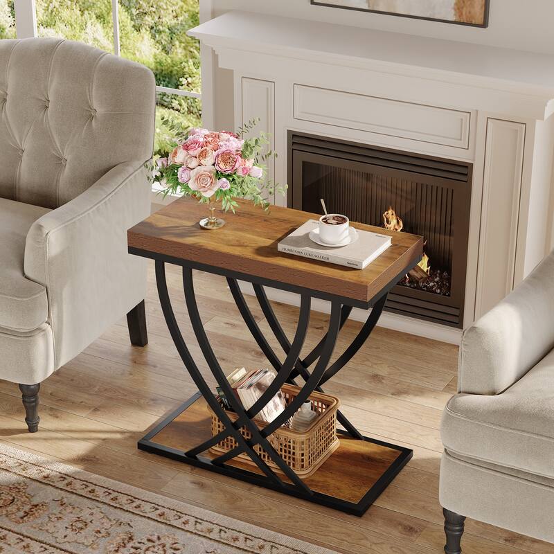 Industrial End Table with Storage, Narrow Small Side Table with Metal Frame
