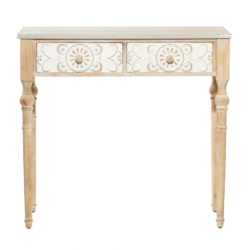 Wood Floral Intricately Carved 2 Drawer Console Table - Brown - Roche River Decor - 16"W x 36"L x 33"H