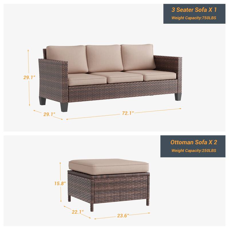 LIVOOSUN 3Pcs Patio Furniture Conversation Brown Rattan Patio Sofa Set