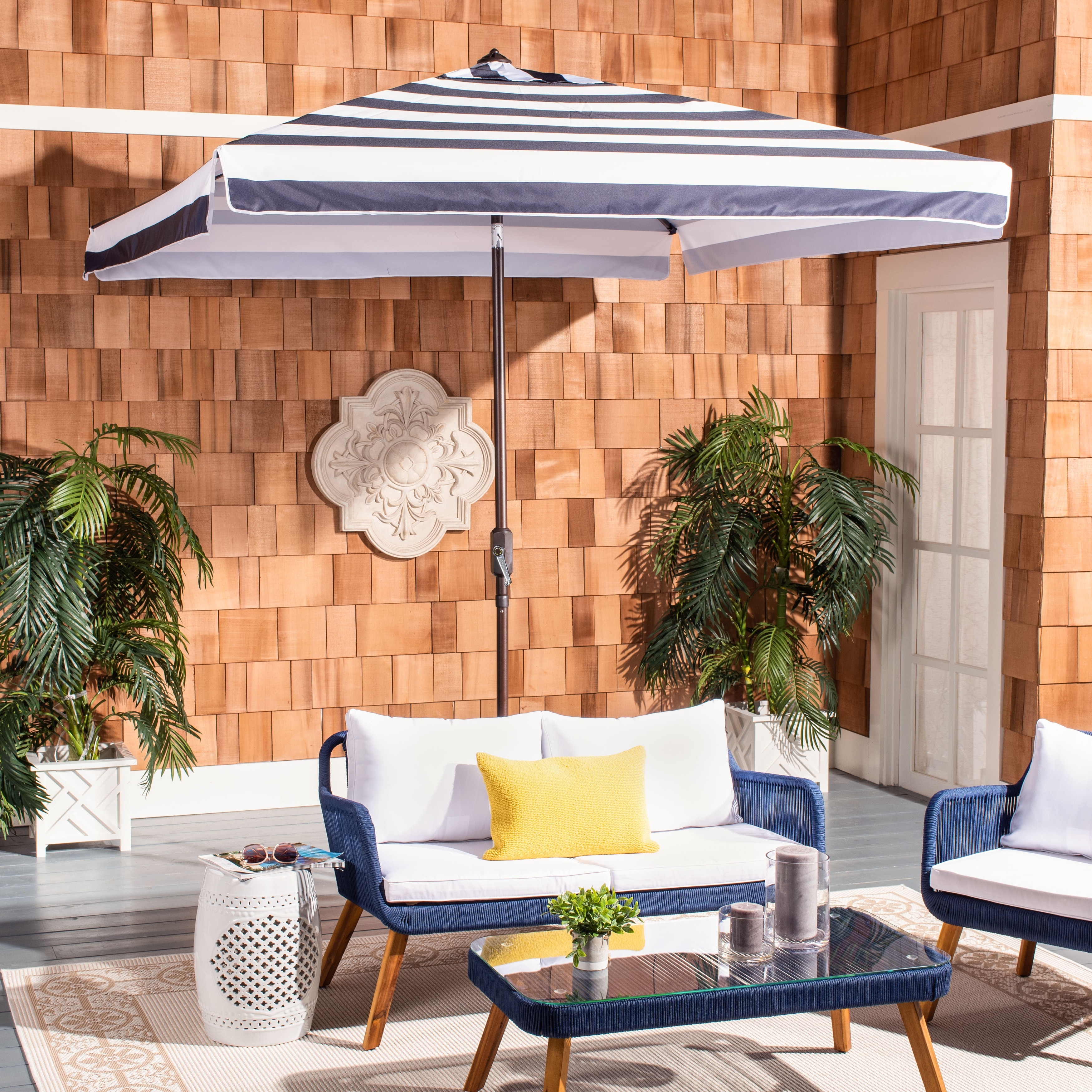 7' striped patio umbrella AMMSUN 7ft with Fringe Outdoor Tassel Umbrella UPF50+ Premium Steel Pole and Ribs Push Button Tilt, Navy Blue Stripes : Patio, Lawn & Garden Its sure to provide a professional look for years to come Business & Pleasure Co. The